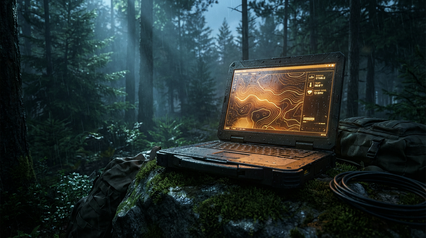 Ruggedized laptop displaying survival AI interface with topographic map in a rain-soaked forest