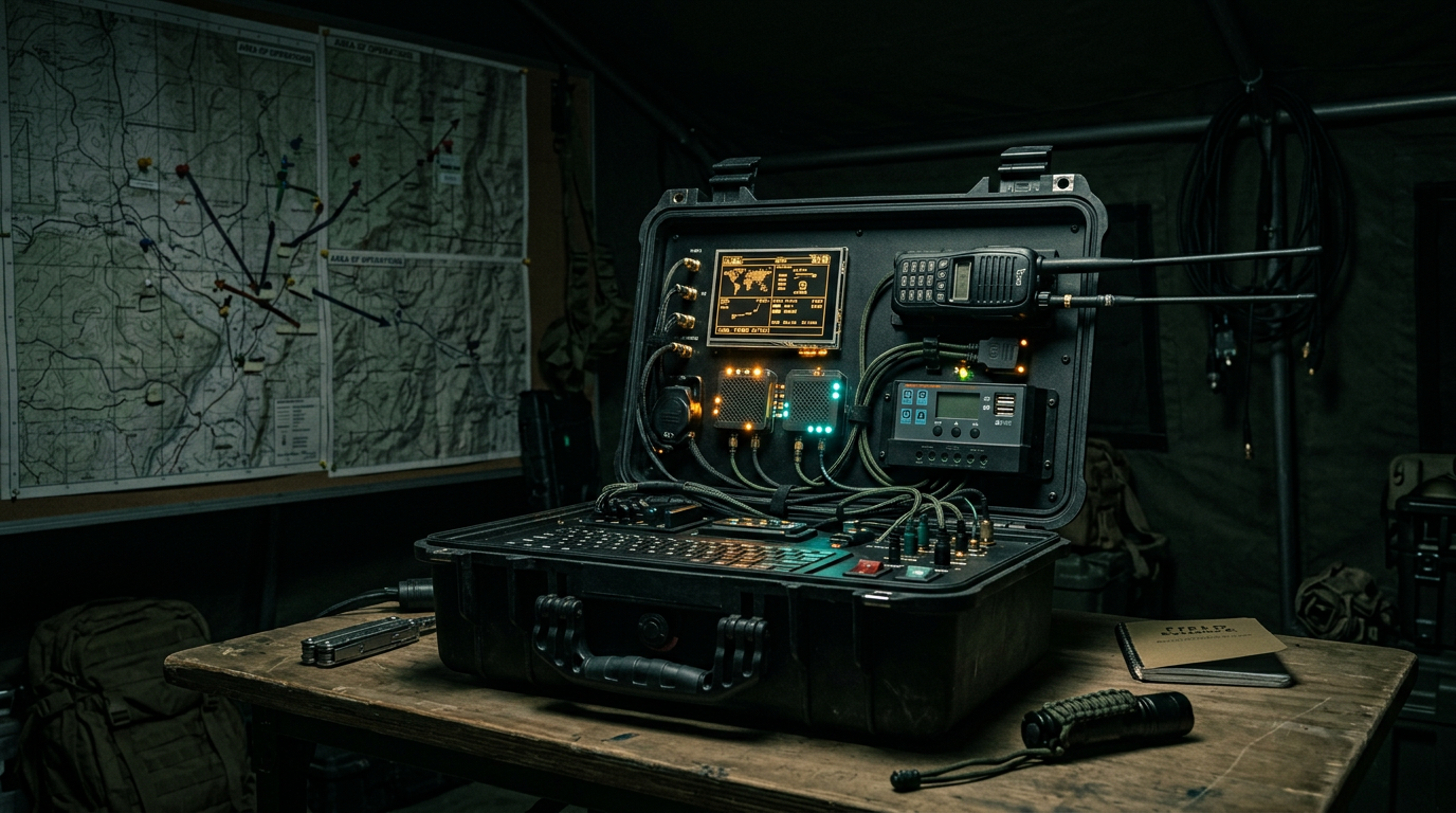 Tactical command center in a ruggedized case with integrated electronics, radio, and displays in a field tent
