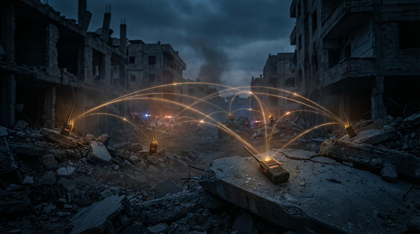 Mesh networking devices forming glowing signal connections across a disaster-struck urban landscape