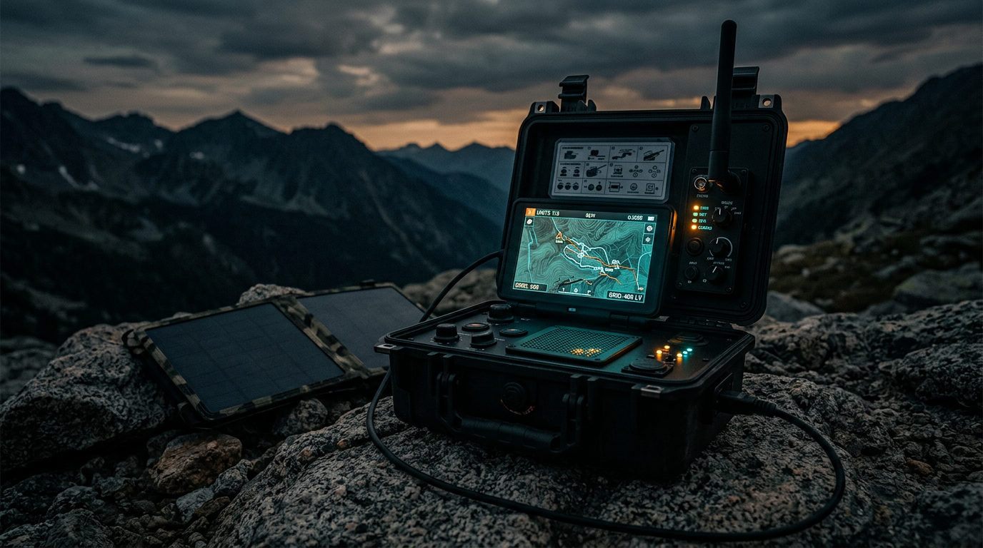 Off-grid tactical command center in a ruggedized case with integrated display, radio, and solar panel on a mountain summit