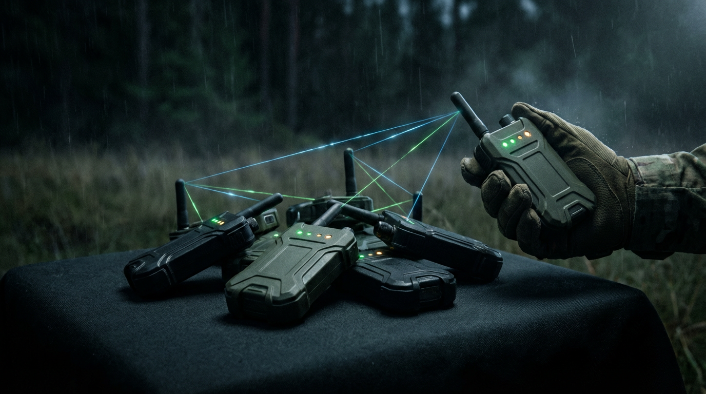 Civilian MANET mesh networking nodes with glowing signal connections held in a gloved hand