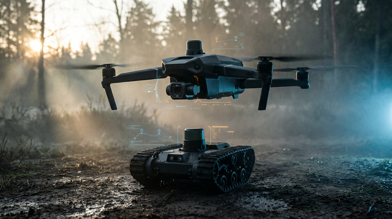 Tactical drone hovering above a tracked ground robot in a misty forest clearing