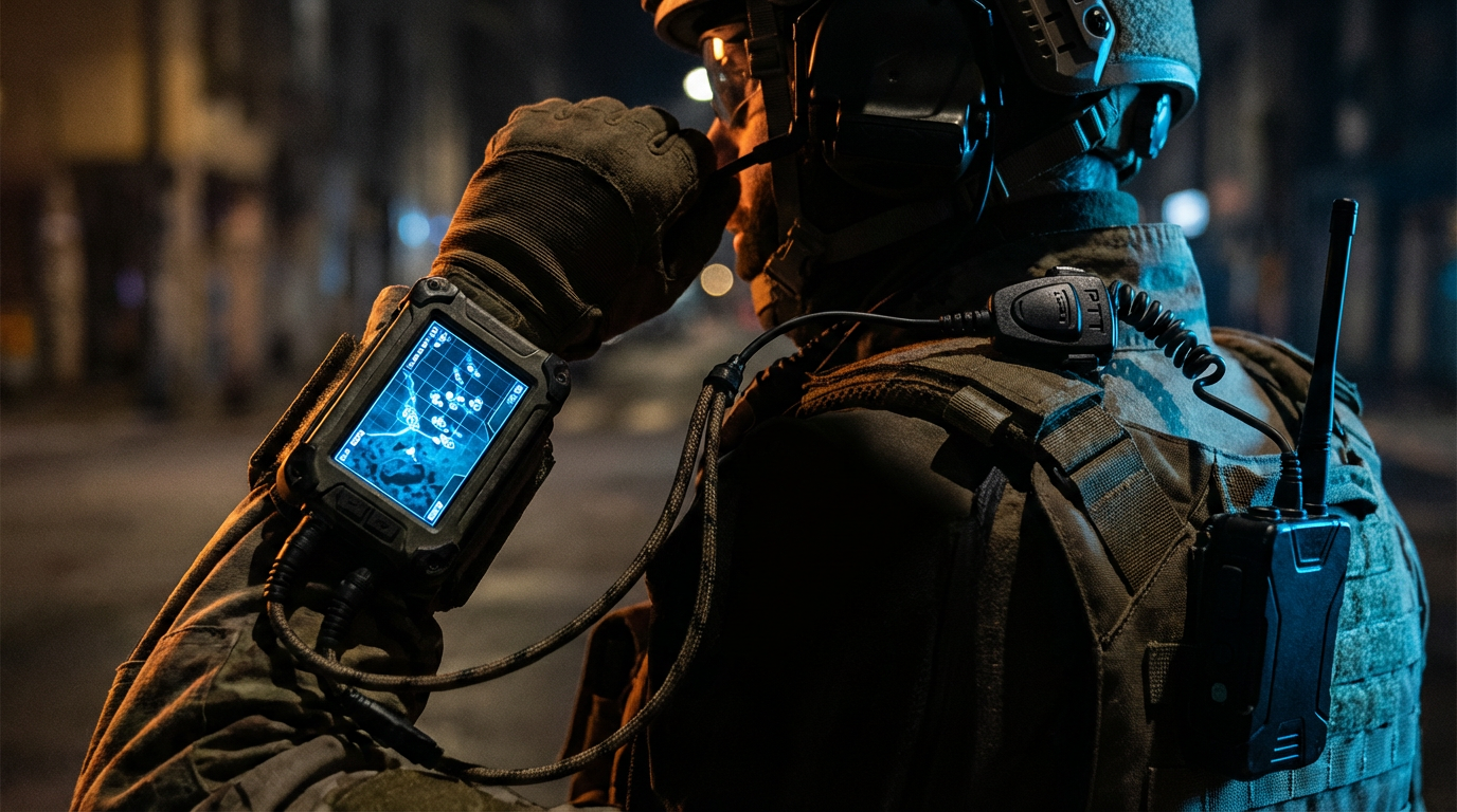 Tactical operator with wrist-mounted computing display and body-worn electronics in an urban environment